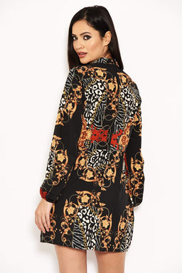Black Long Sleeve Printed Day Dress