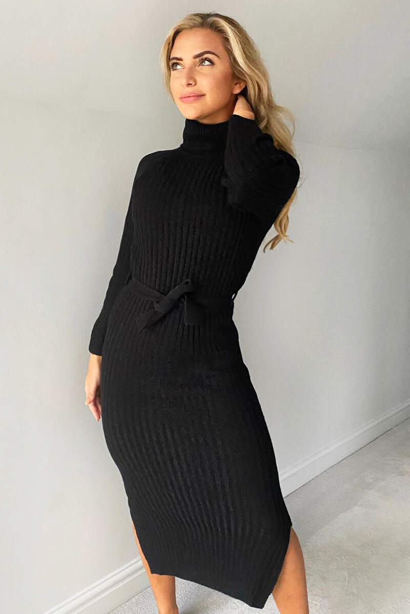 Black Long-line Roll Neck Knitted Dress