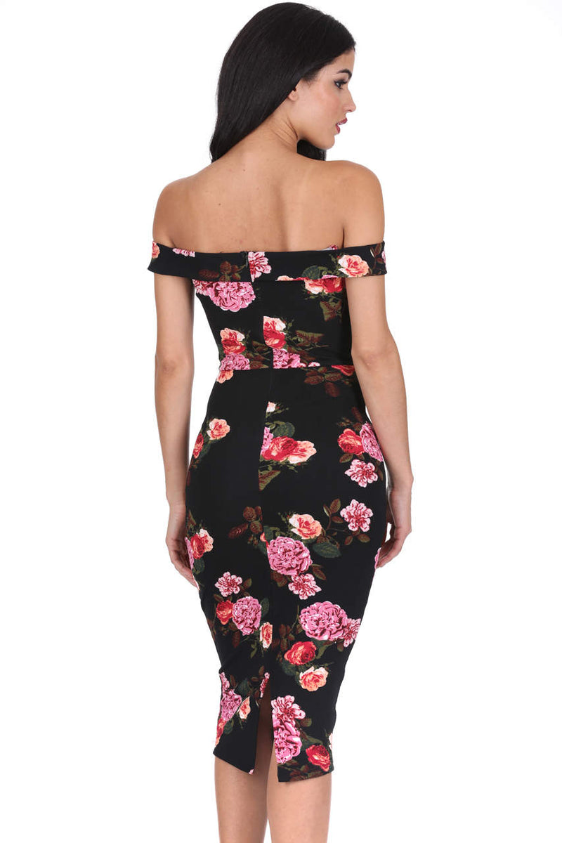 Black Notch Front Off The Shoulder Floral Midi Dress