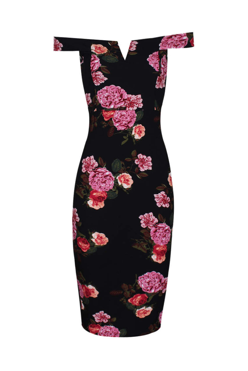 Black Notch Front Off The Shoulder Floral Midi Dress