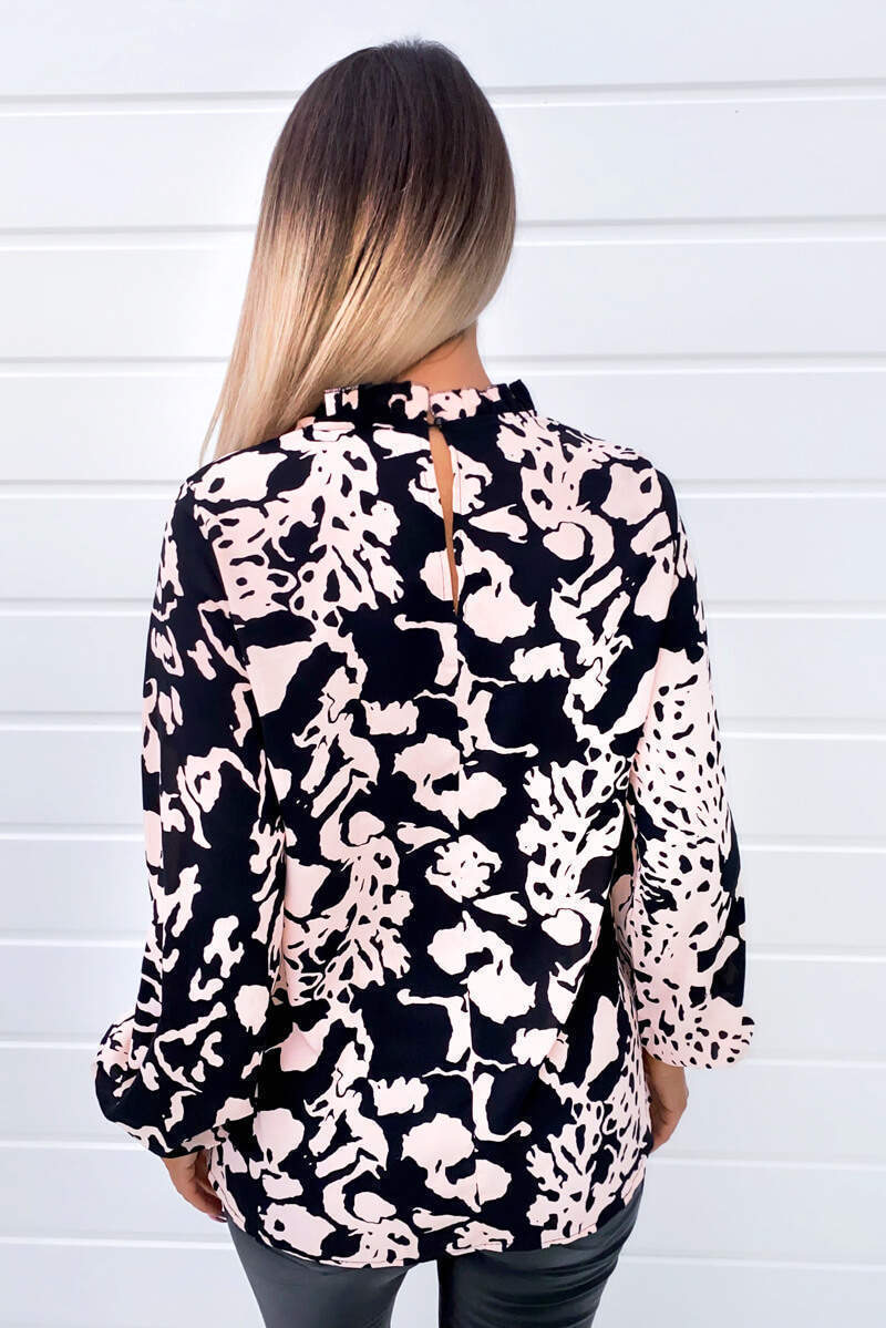 Black Nude Abstract Print High Neck Blouse