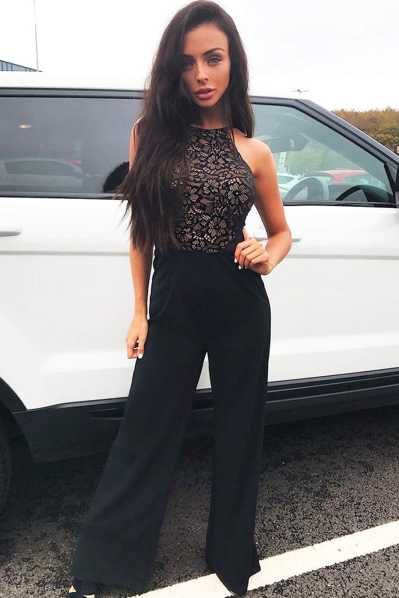 Black Nude Lace Halter Neck Straight Leg Jumpsuit