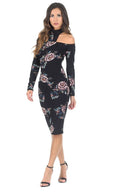 Black Off The Shoulder Floral Midi Bodycon Dress