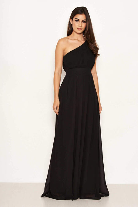 Black One Shoulder Pleated Maxi Dress