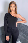 Black One Shoulder Puff Sleeve Bodysuit