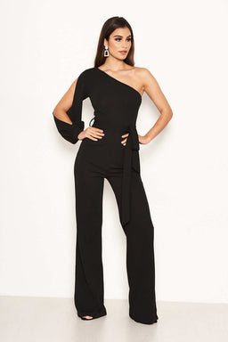 Black One Shoulder Split Sleeve Jumpsuit