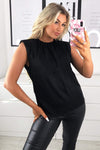 Black Padded Shoulder Sleeveless Blouse