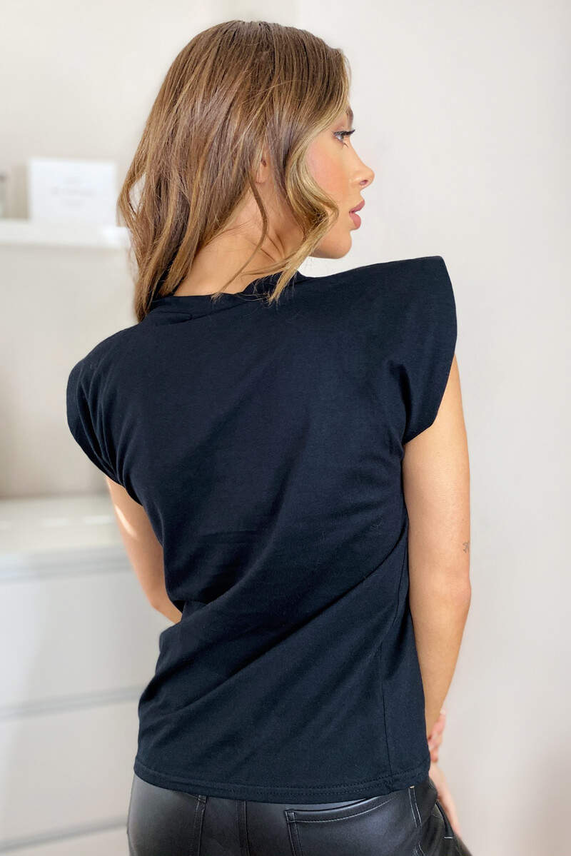 Black Padded Shoulder Sleeveless T-Shirt