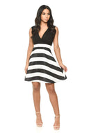 Black Plunge Skater Dress With Striped Print