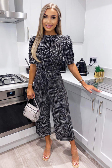 Black Polka Dot Frill Cuff Sleeve Jumpsuit