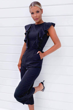 Black Polka Dot Frill Panel Jumpsuit