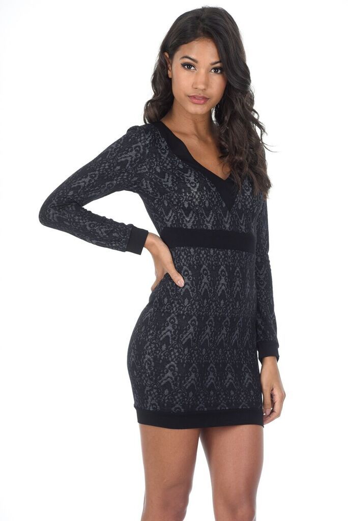 Black Printed Bodycon V-neck Dress