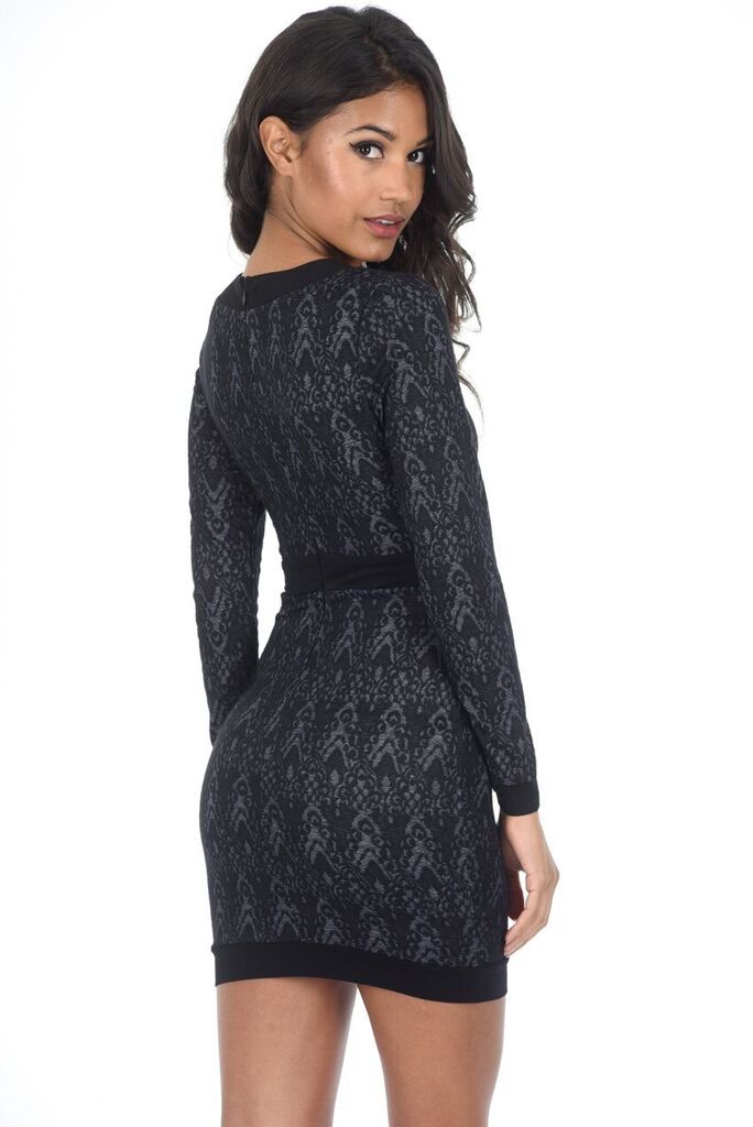 Black Printed Bodycon V-neck Dress