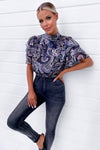 Black Printed Frill Sleeve Crop Top