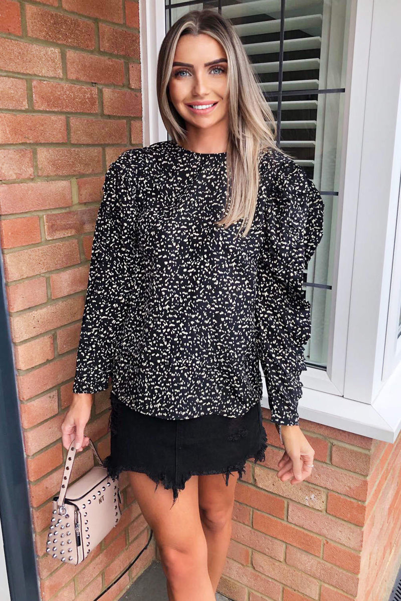 Black Printed Pleated Sleeve Top