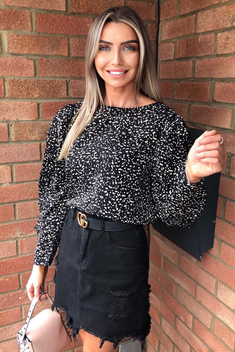 Black Printed Pleated Sleeve Top