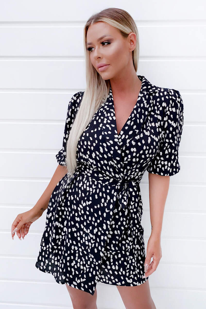 Black Printed Wrap Tie Dress