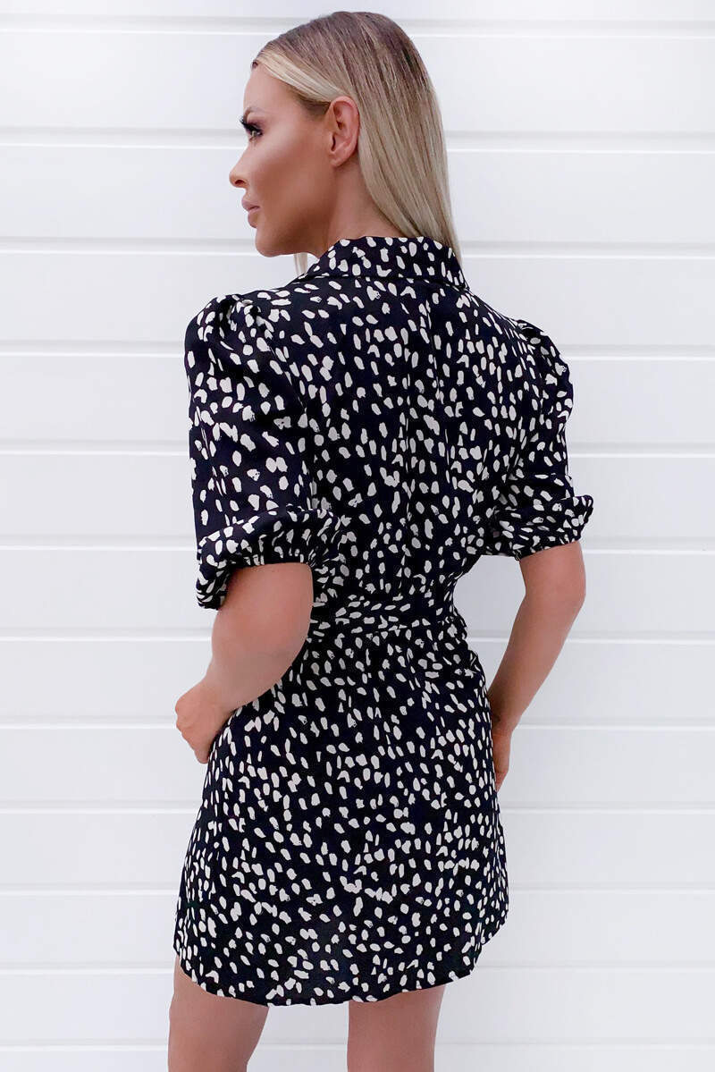 Black Printed Wrap Tie Dress