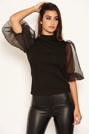 Black Puff Sleeve Knitted Top