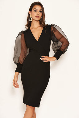 Black Puff Sleeve Midi Dress