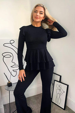 Black Ribbed Frilled Hem Lounge Suit