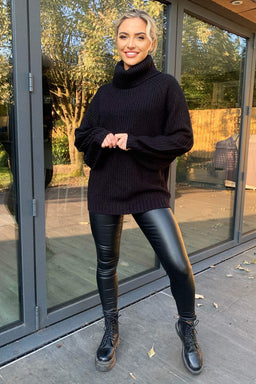 Black Roll Neck Balloon Sleeve Knitted Jumper