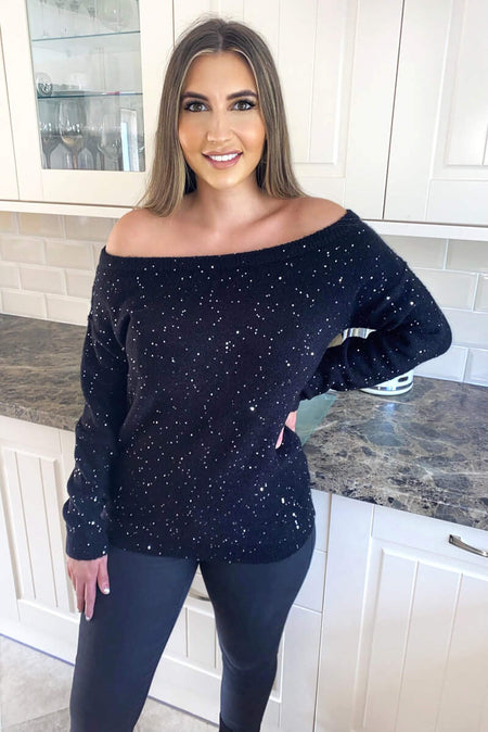 Black Sequin Off The Shoulder Knit Jumper