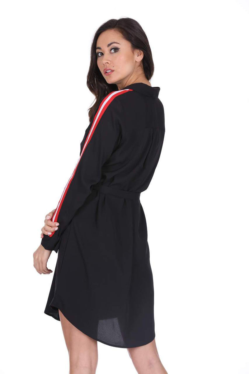 Black Shirt Dress With Stripe Detail And Tie Waist