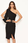 Black Split Sleeve One Shoulder Bodycon Midi Dress