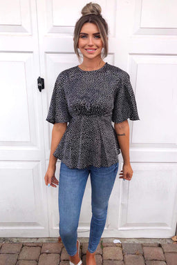 Black Spotty Flared Blouse
