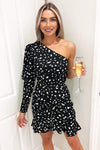 Black Spotty One Shoulder Frill Dress