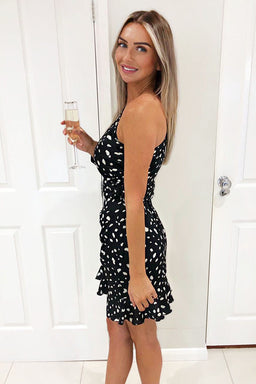 Black Spotty One Shoulder Frill Dress