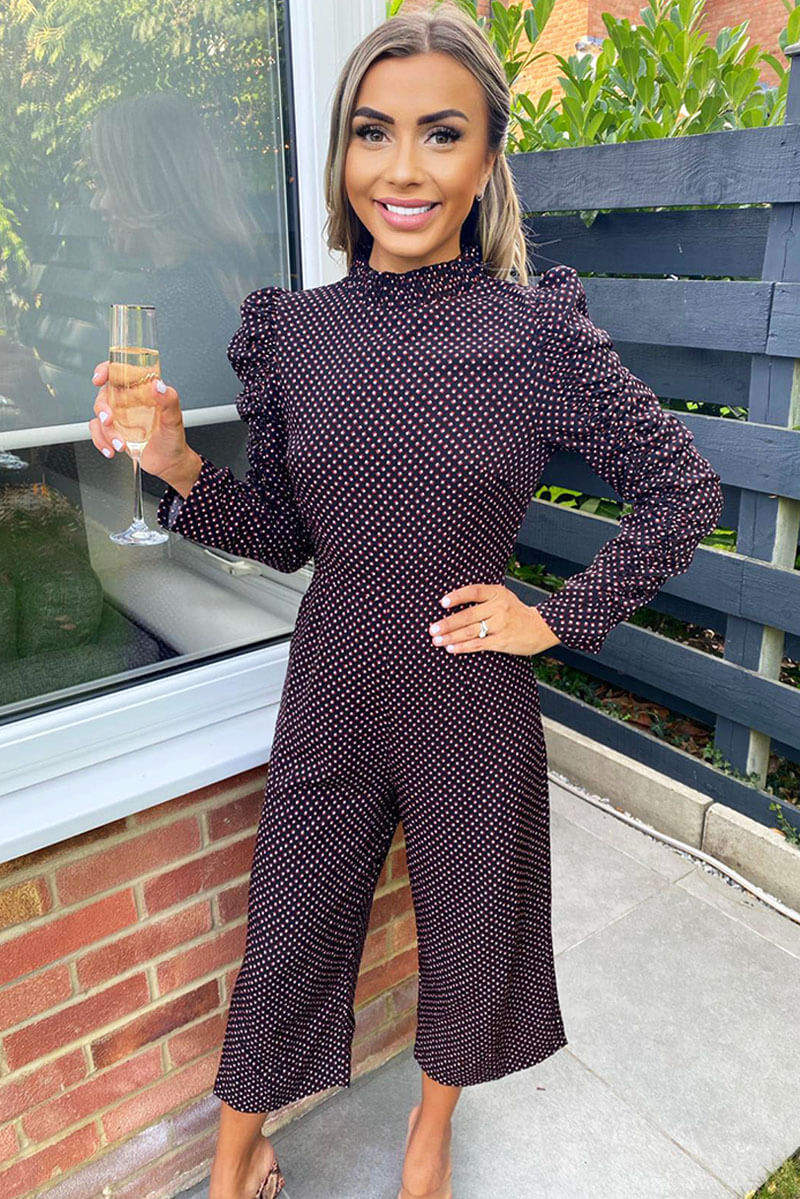 Black Square Printed Ruched Sleeve Jumpsuit