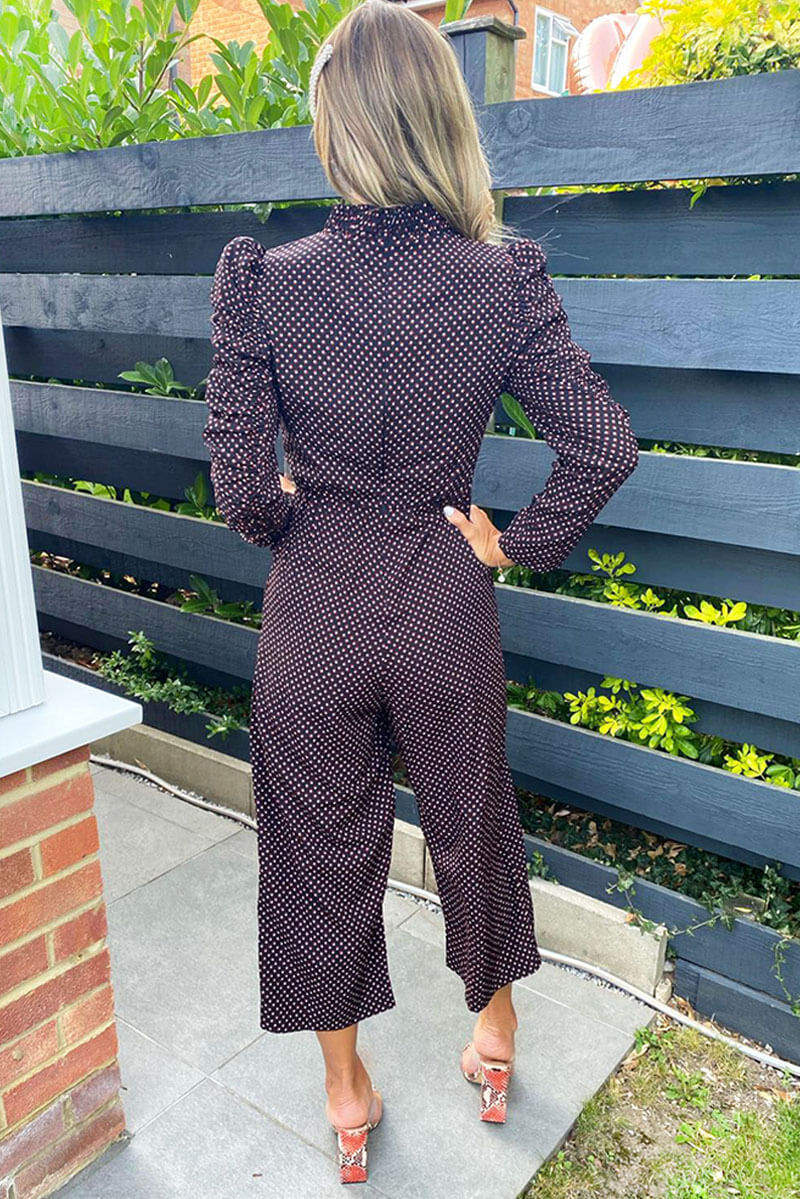 Black Square Printed Ruched Sleeve Jumpsuit