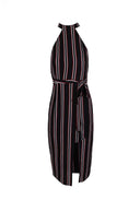 Black Striped Cut In Neck Dress