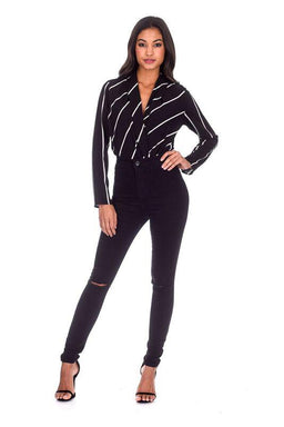 Black Striped Plunge Bodysuit