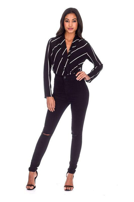 Black Striped Plunge Bodysuit