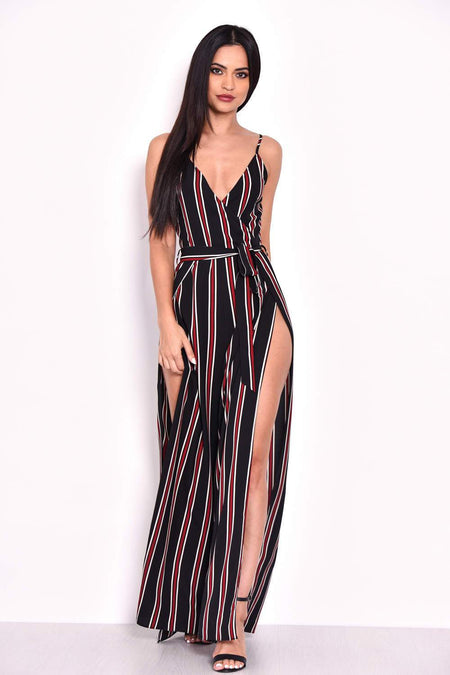 Black Striped Tie Waist Split Leg Jumpsuit