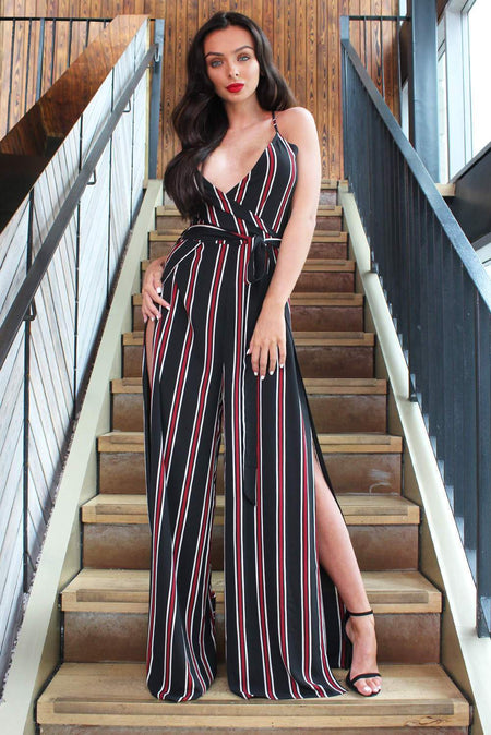 Black Striped Tie Waist Split Leg Jumpsuit