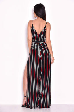 Black Striped Tie Waist Split Leg Jumpsuit