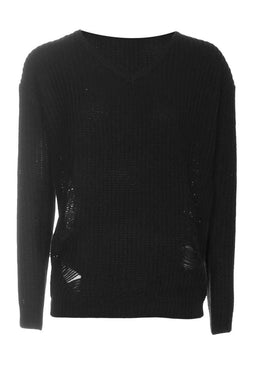 Black V Neck Cable Knit Laddered Jumper