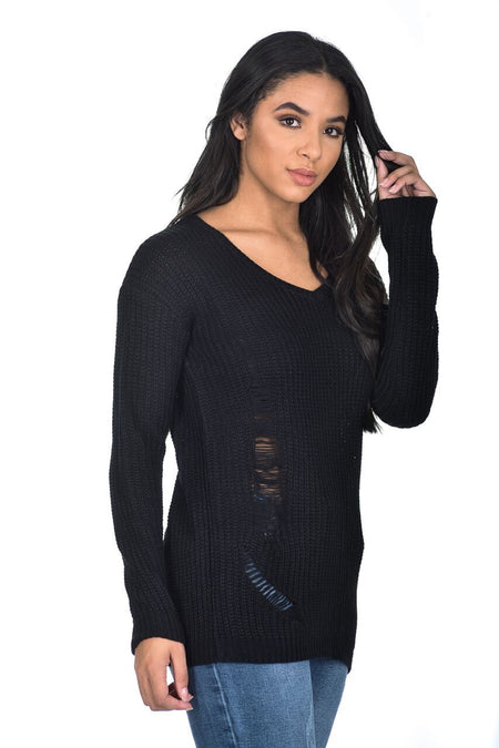 Black V Neck Cable Knit Laddered Jumper