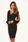 Black Wrap Over Ruched Bodycon Dress