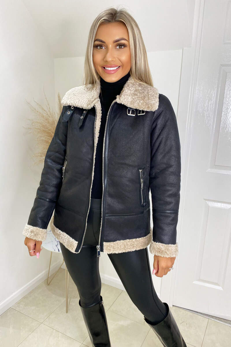 Black and Cream Faux Suede Aviator Jacket