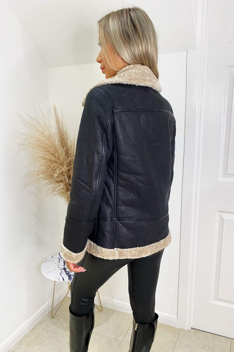 Black and Cream Faux Suede Aviator Jacket