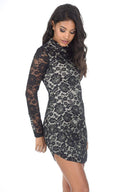 Black and Nude High Neck Long Sleeved Lace Mini Dress