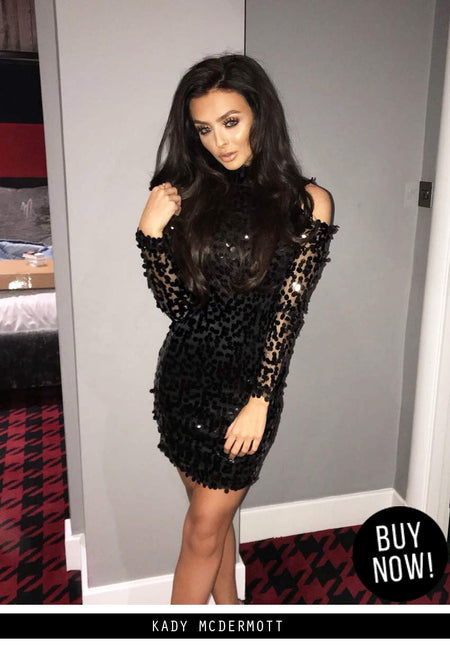 Black Sequin Cut Out Shoulder Dress