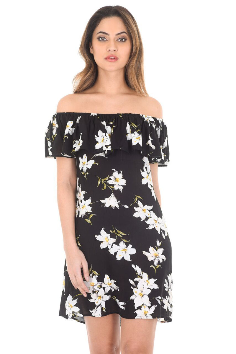 Black Floral Off The Shoulder Printed Dress