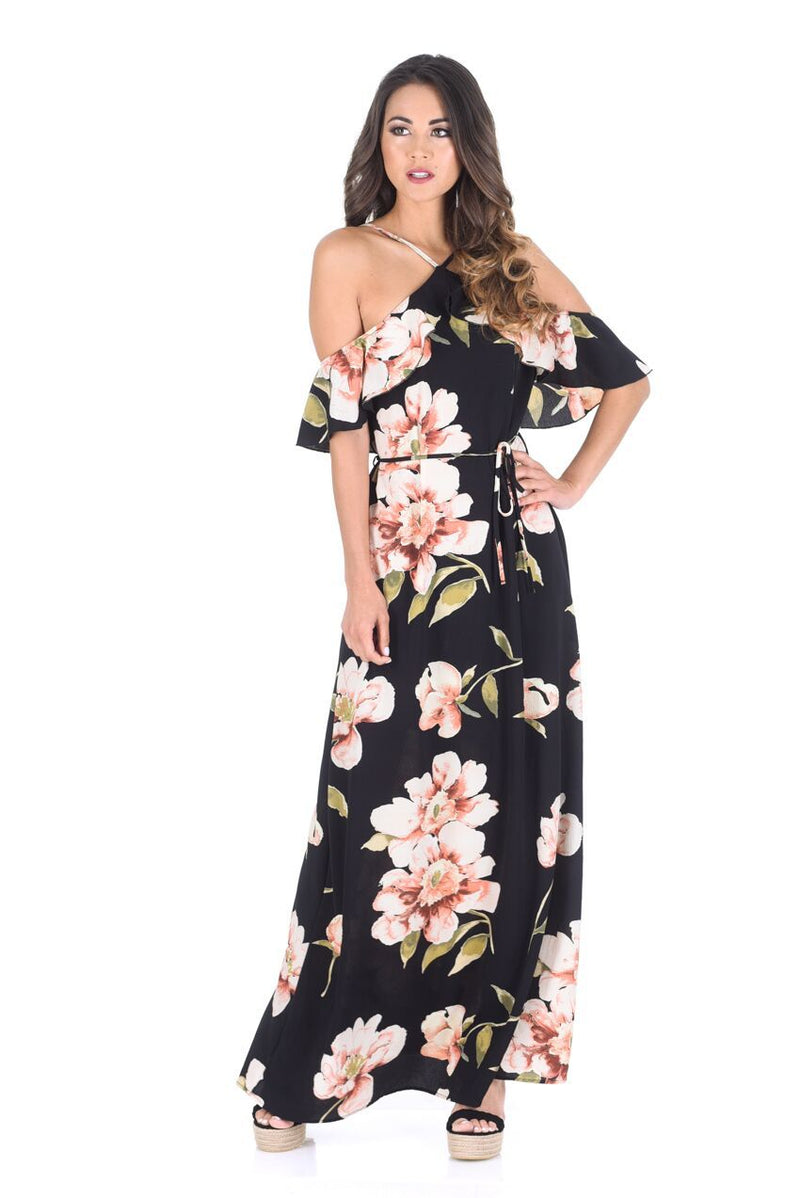 Black Strappy Floral Patterned Maxi Dress