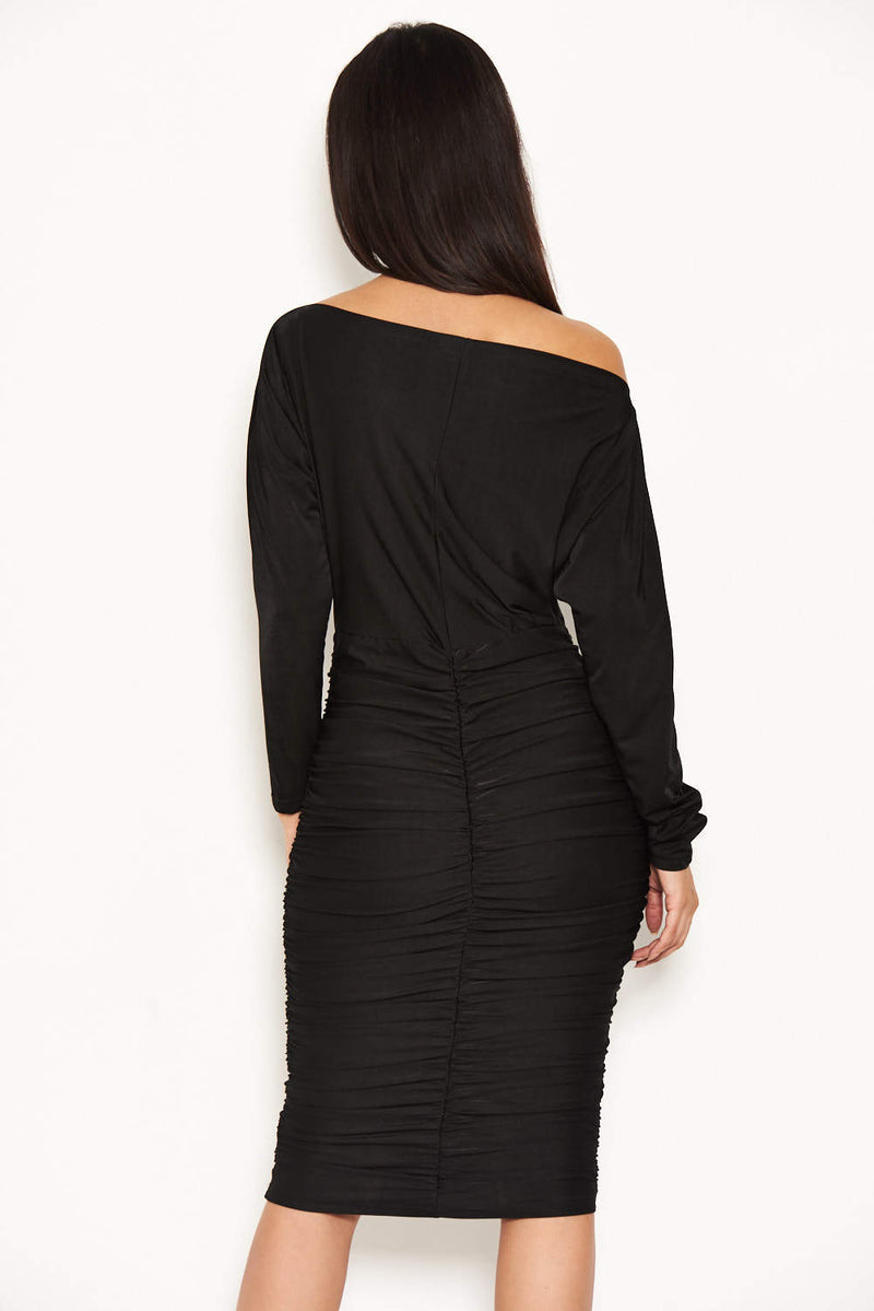 Black Boat Neck Dress With Ruched Detail